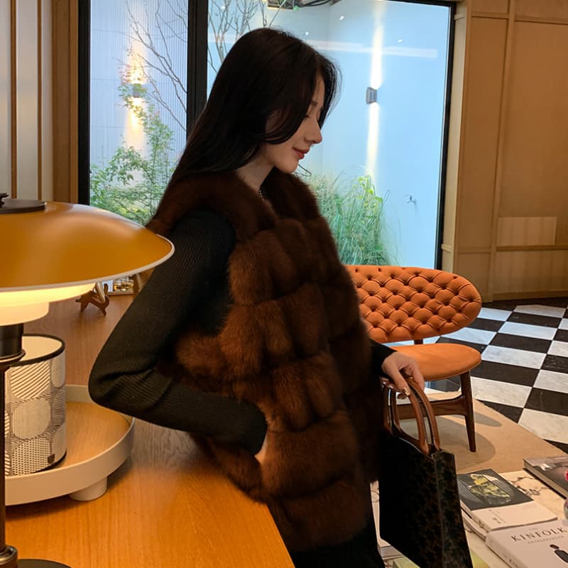 겨울 한국 스타일 라운드 넥 자반 코트 베스트 환경 보호 수달 모피 전체 fall 레트로 새로운 주머니 베스트 재킷 이미지 3
