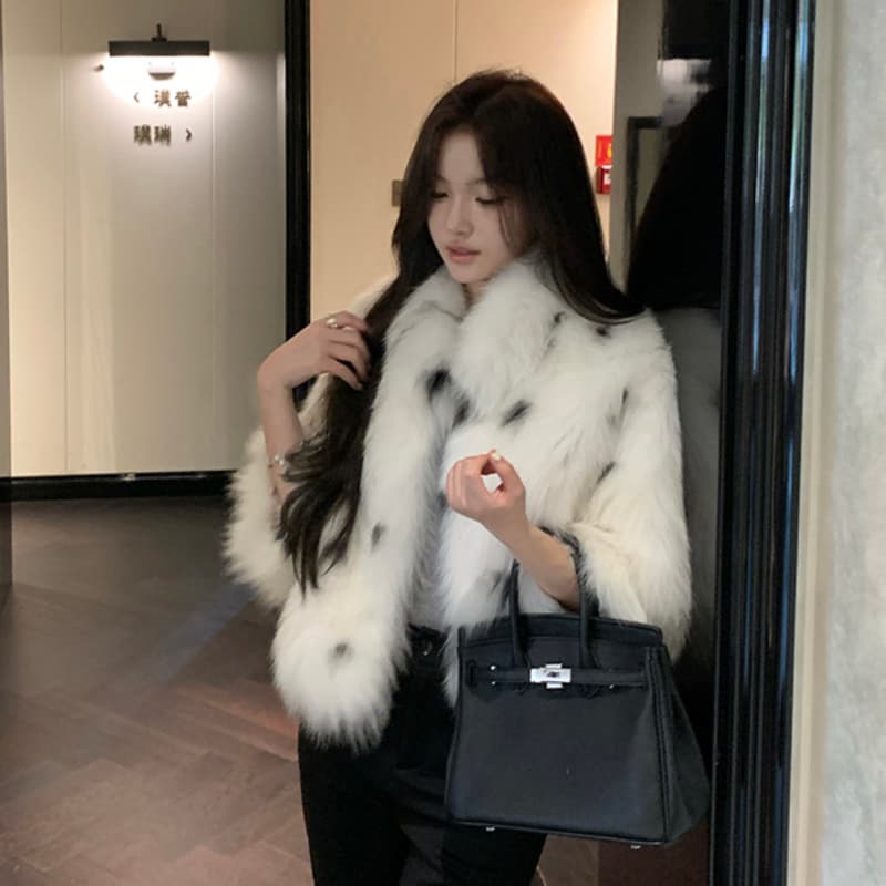 백색 이슬 그것 침묵 가져 오기 환경 보호 여우털 새로운 영 섹션 스탠드 칼라 모피 무거운 작업 레오파드 무늬 모피 여성 코트