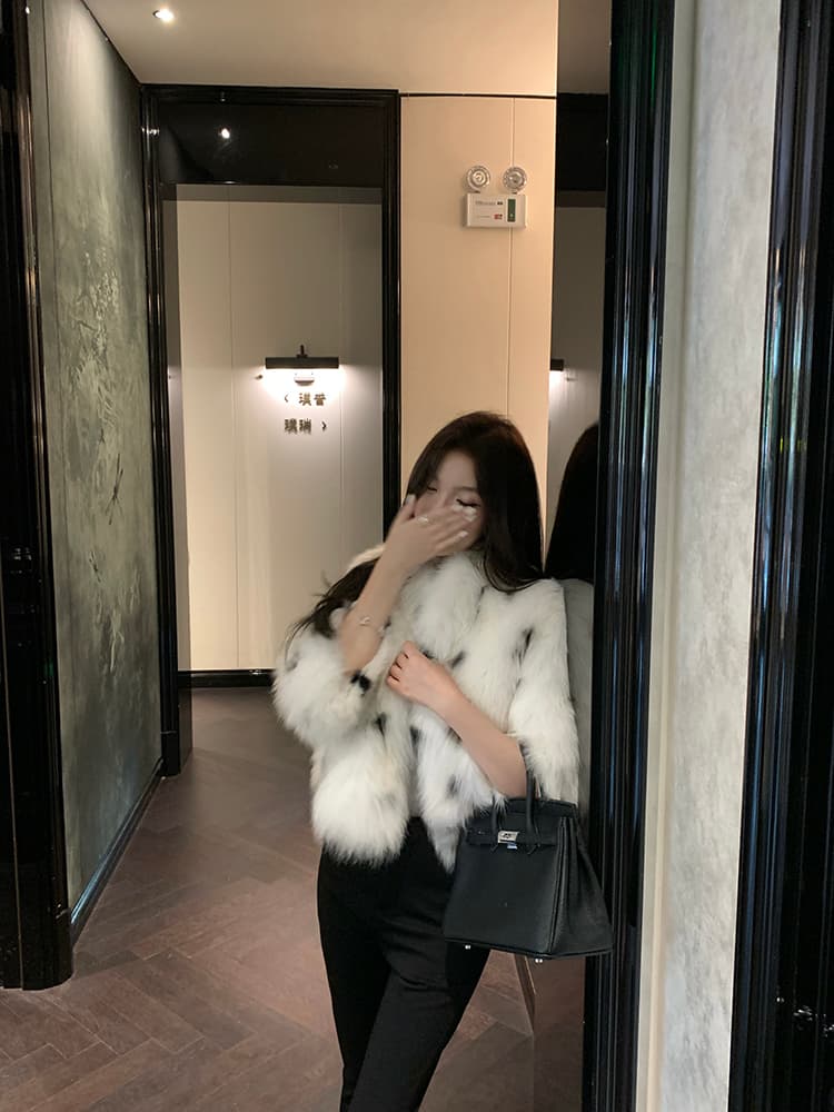백색 이슬 그것 침묵 가져 오기 환경 보호 여우털 새로운 영 섹션 스탠드 칼라 모피 무거운 작업 레오파드 무늬 모피 여성 코트 상세 이미지 13