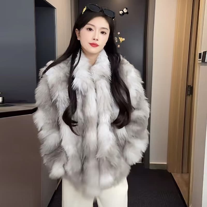 영도 심장 도메인 우아함 레트로 겨울 새로운 더블 색 후광 염색 스탠드 칼라 모방 여우털 환경 보호 모피 여성 코트 이미지 3
