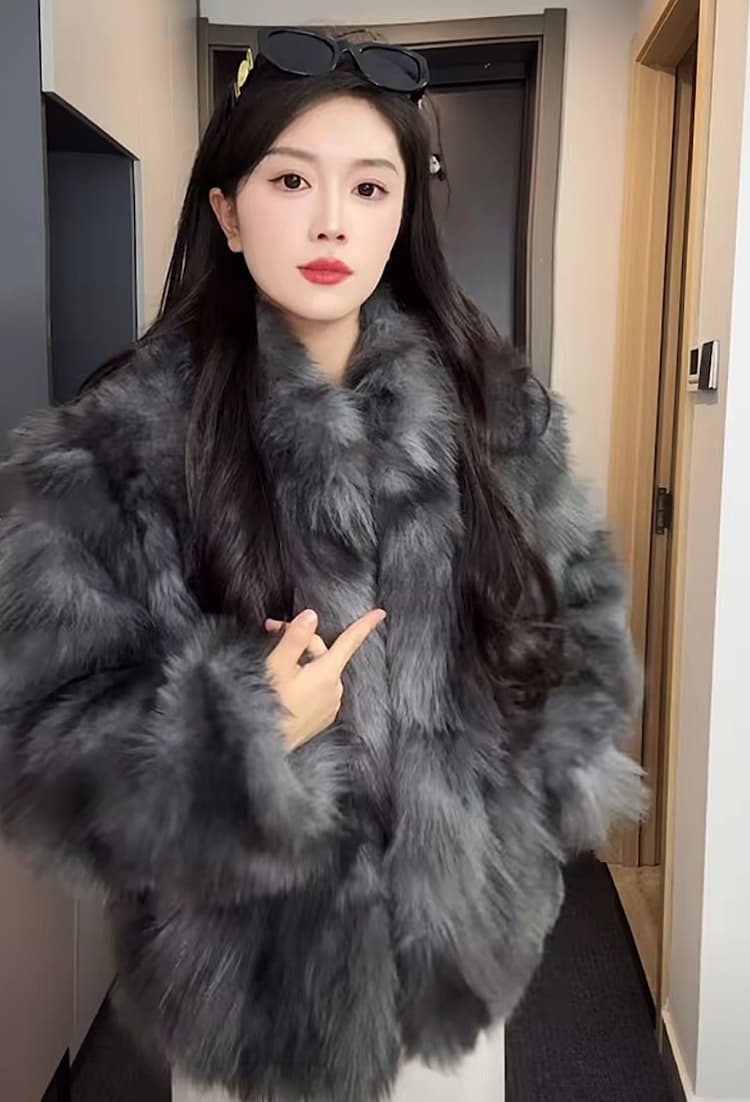 영도 심장 도메인 우아함 레트로 겨울 새로운 더블 색 후광 염색 스탠드 칼라 모방 여우털 환경 보호 모피 여성 코트 상세 이미지 9