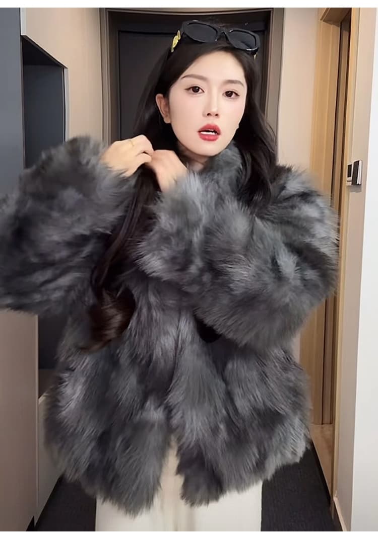 영도 심장 도메인 우아함 레트로 겨울 새로운 더블 색 후광 염색 스탠드 칼라 모방 여우털 환경 보호 모피 여성 코트 상세 이미지 10