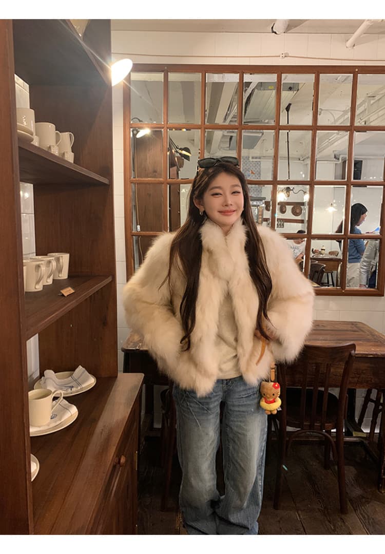 c 조금 천 골드 겨울 한국 스타일 환경 보호 모피 새로운 세련된 스탠드 칼라 전체 가죽 모방 여우털 모피 여성 코트 상세 이미지 13