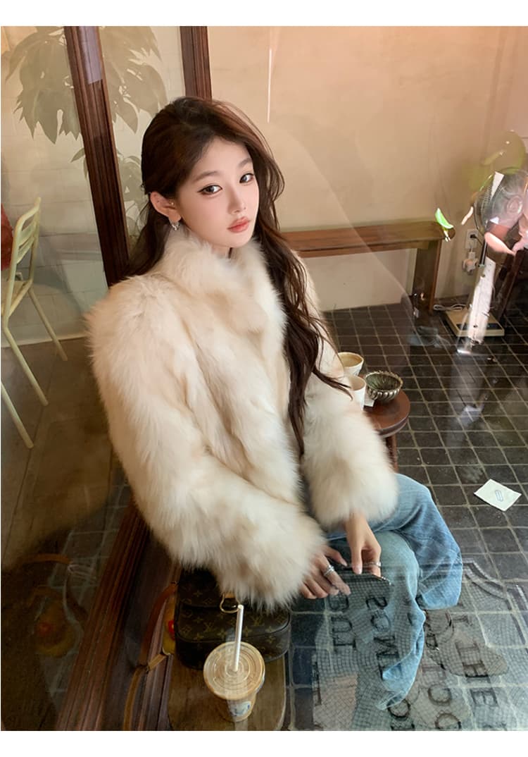 c 조금 천 골드 겨울 한국 스타일 환경 보호 모피 새로운 세련된 스탠드 칼라 전체 가죽 모방 여우털 모피 여성 코트 상세 이미지 15