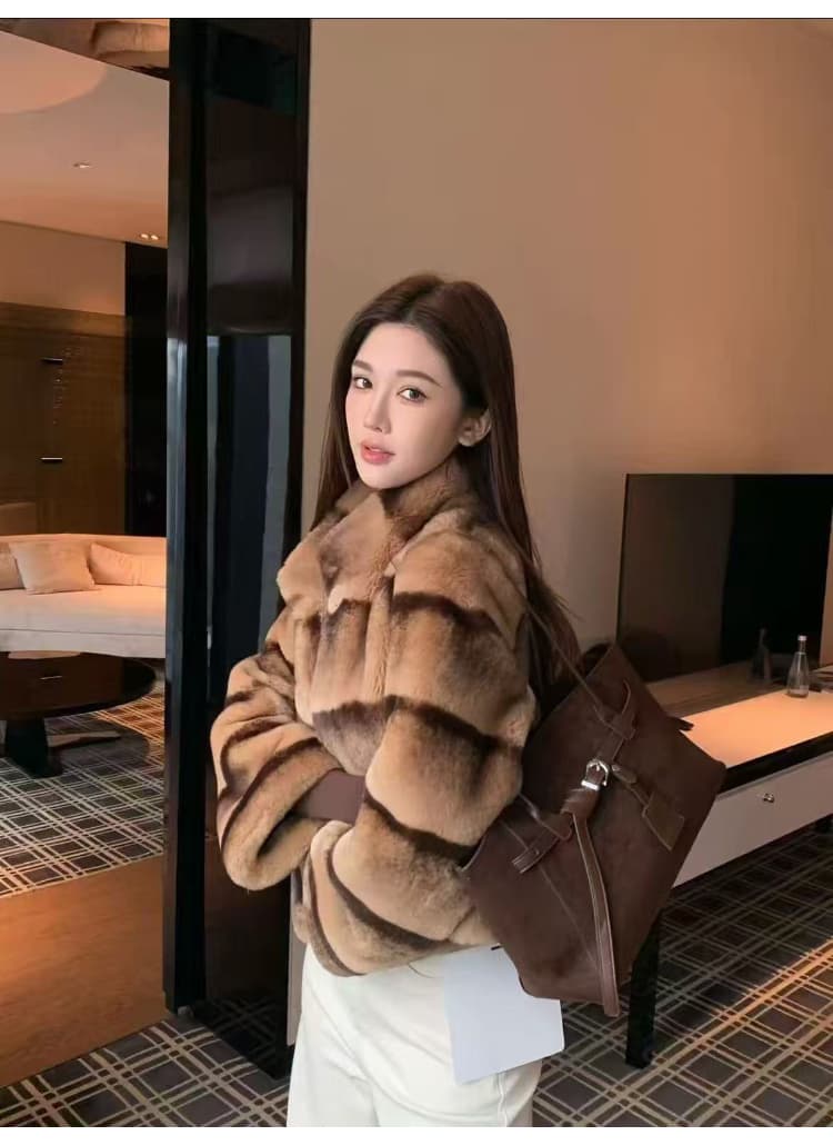 눈 마운틴 헤일로 염색 모방 렉스 토끼 모피 더블 색상 그라데이션 수공 렌더링 고급 센스 루즈핏 재킷 여성 짧은 스탠드 칼라 겨울 상세 이미지 4