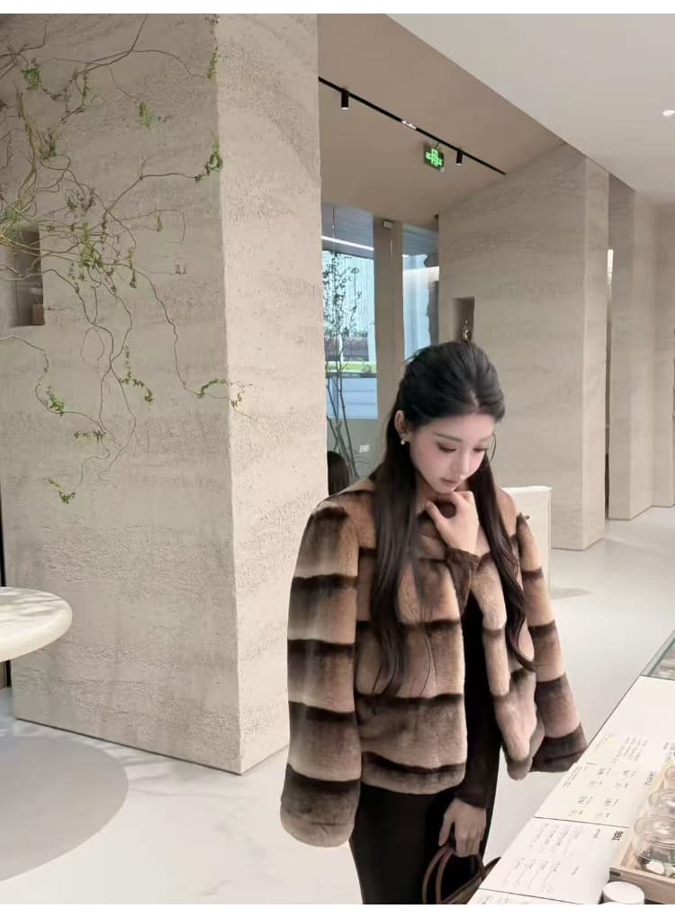 눈 마운틴 헤일로 염색 모방 렉스 토끼 모피 더블 색상 그라데이션 수공 렌더링 고급 센스 루즈핏 재킷 여성 짧은 스탠드 칼라 겨울 상세 이미지 8