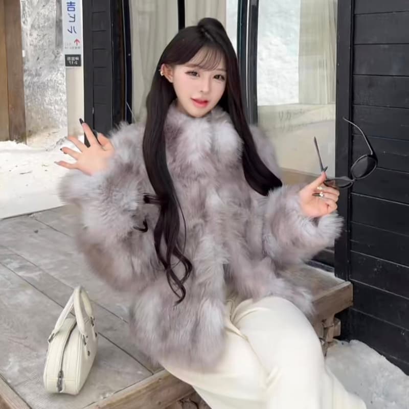 호박색 깃발 더블 색 후광 염색 스탠드 칼라 여우털 환경 보호 모피 코트 겨울 스탠드 칼라 모피 여성 코트 이미지 2