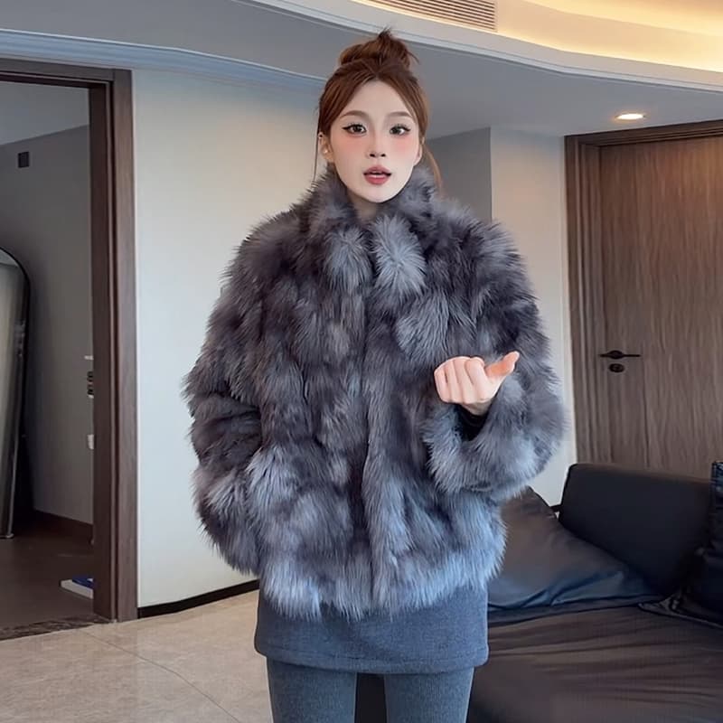 호박색 깃발 더블 색 후광 염색 스탠드 칼라 여우털 환경 보호 모피 코트 겨울 스탠드 칼라 모피 여성 코트 이미지 4