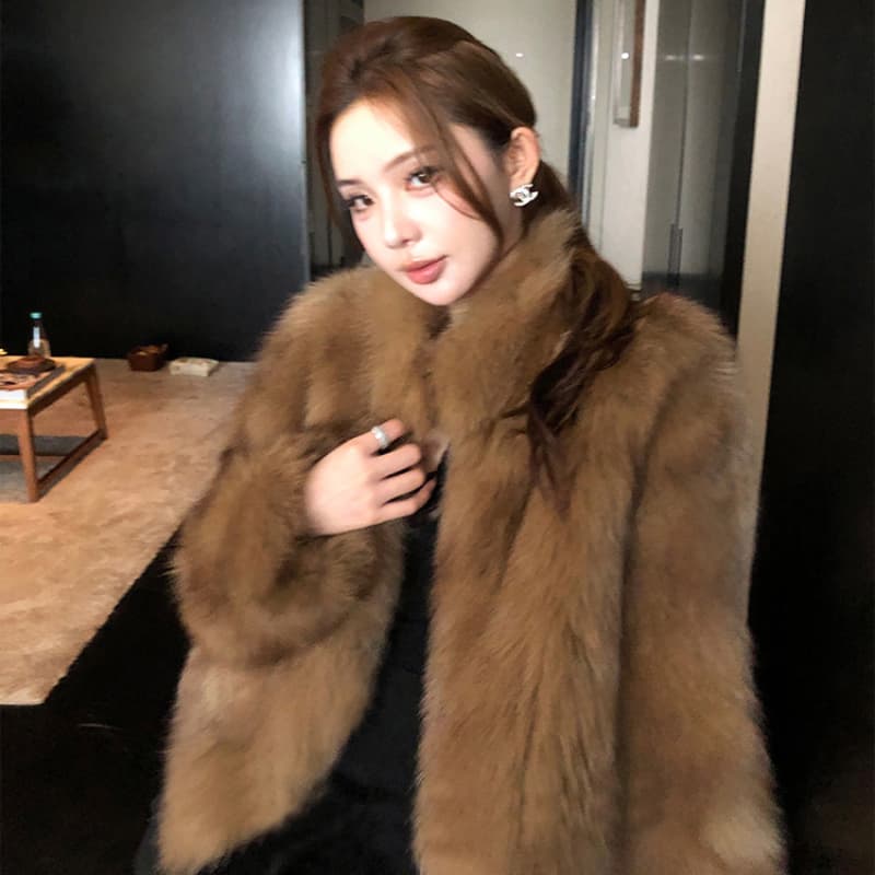 일광 섬 핀란드 가져 오기 환경 보호 전체 가죽 여우털 모피 여성 코트 겨울 스탠드 칼라 모방 모피 코트 이미지 5