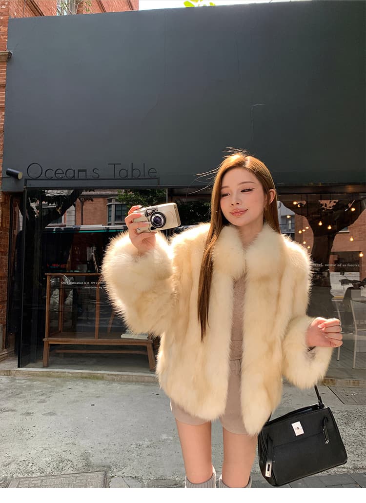 일광 섬 핀란드 가져 오기 환경 보호 전체 가죽 여우털 모피 여성 코트 겨울 스탠드 칼라 모방 모피 코트 상세 이미지 12
