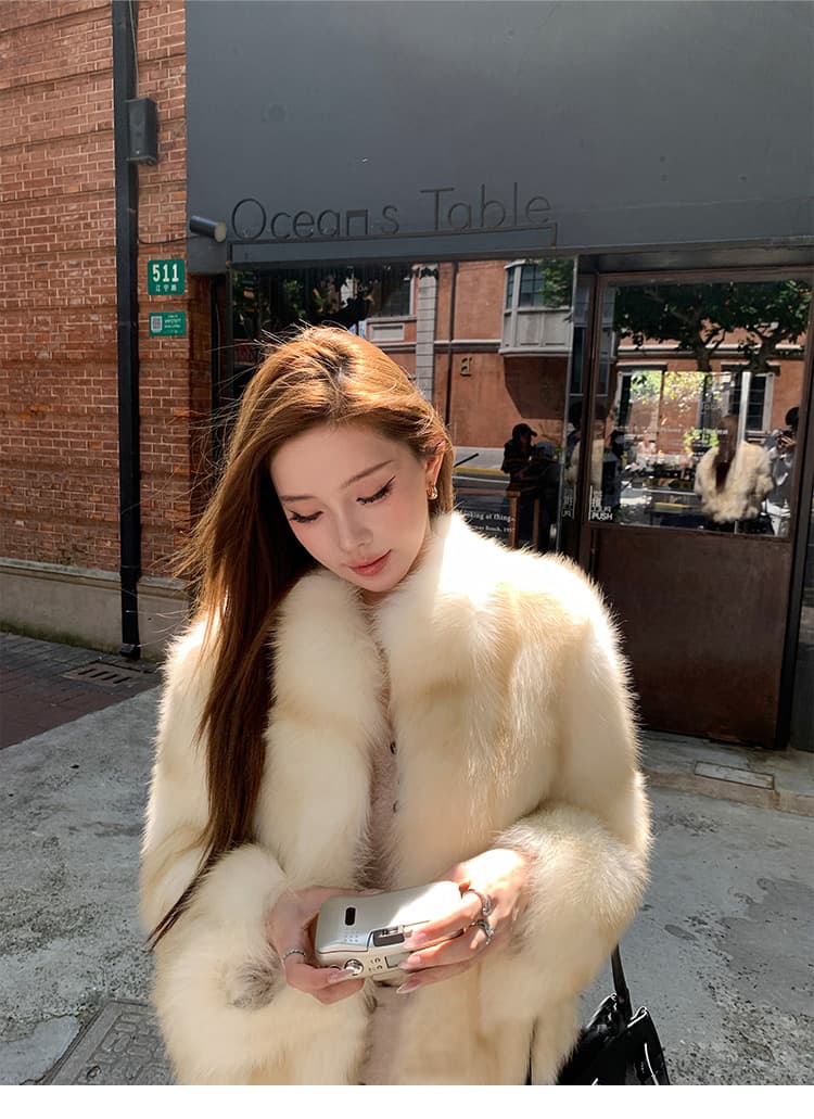 일광 섬 핀란드 가져 오기 환경 보호 전체 가죽 여우털 모피 여성 코트 겨울 스탠드 칼라 모방 모피 코트 상세 이미지 13