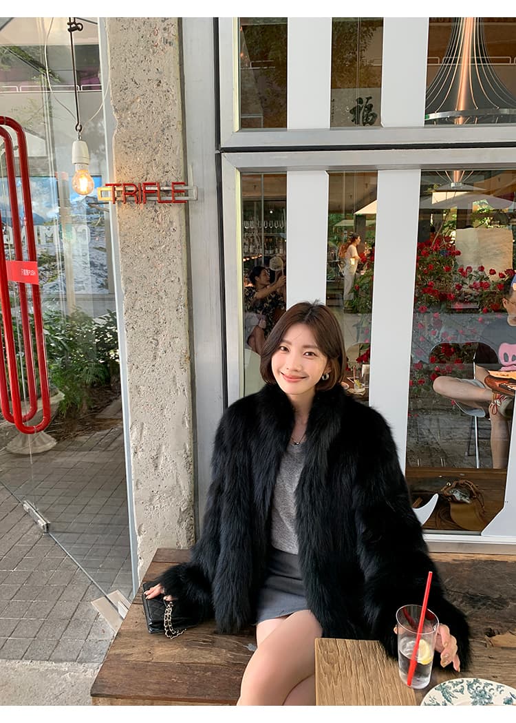 일광 섬 핀란드 가져 오기 환경 보호 전체 가죽 여우털 모피 여성 코트 겨울 스탠드 칼라 모방 모피 코트 상세 이미지 23