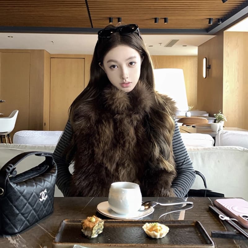시더 暮 염색 중년 헤일로 염색 스탠드 칼라 피모 재킷 보온 환경 보호 베스트 작은 키 모조 모피 코트 여성 이미지 3
