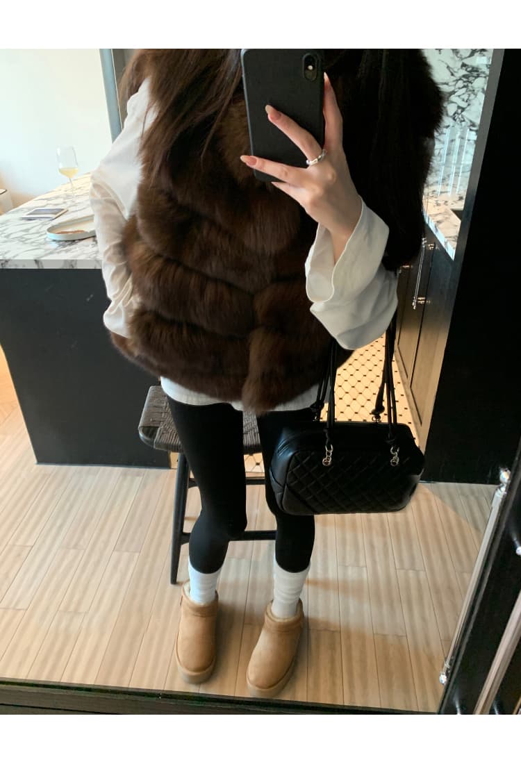 헤일로 염색 더블 색상 스탠드 칼라 작은 키 가져 오기 전체 가죽 여우털 모피 베스트 환경 보호 수달 모피 여성 코트 상세 이미지 8