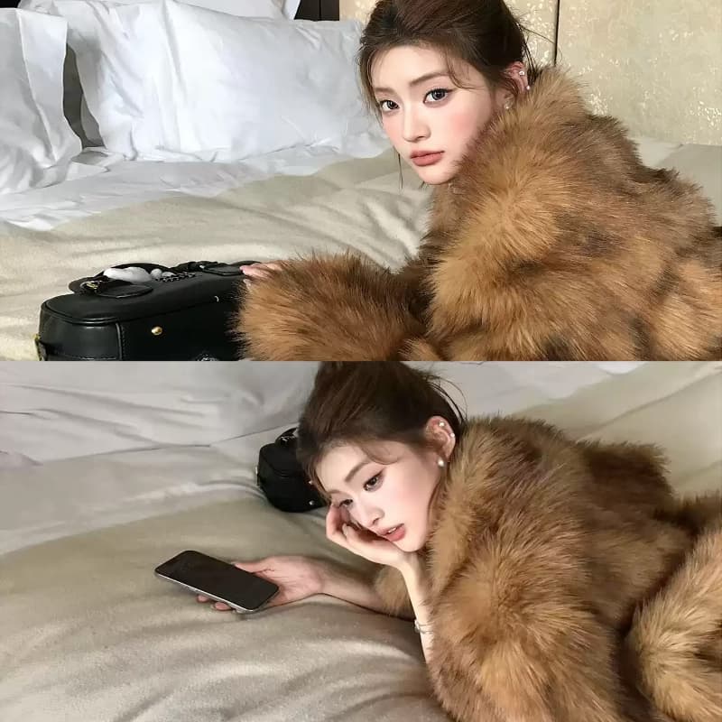 호박색 깃발 중년 헤일로 염색 서리 색상 작은 스탠드 칼라 쇼트 스타일 여우털 겨울 새로운 환경 보호 모피 여성 코트 이미지 4