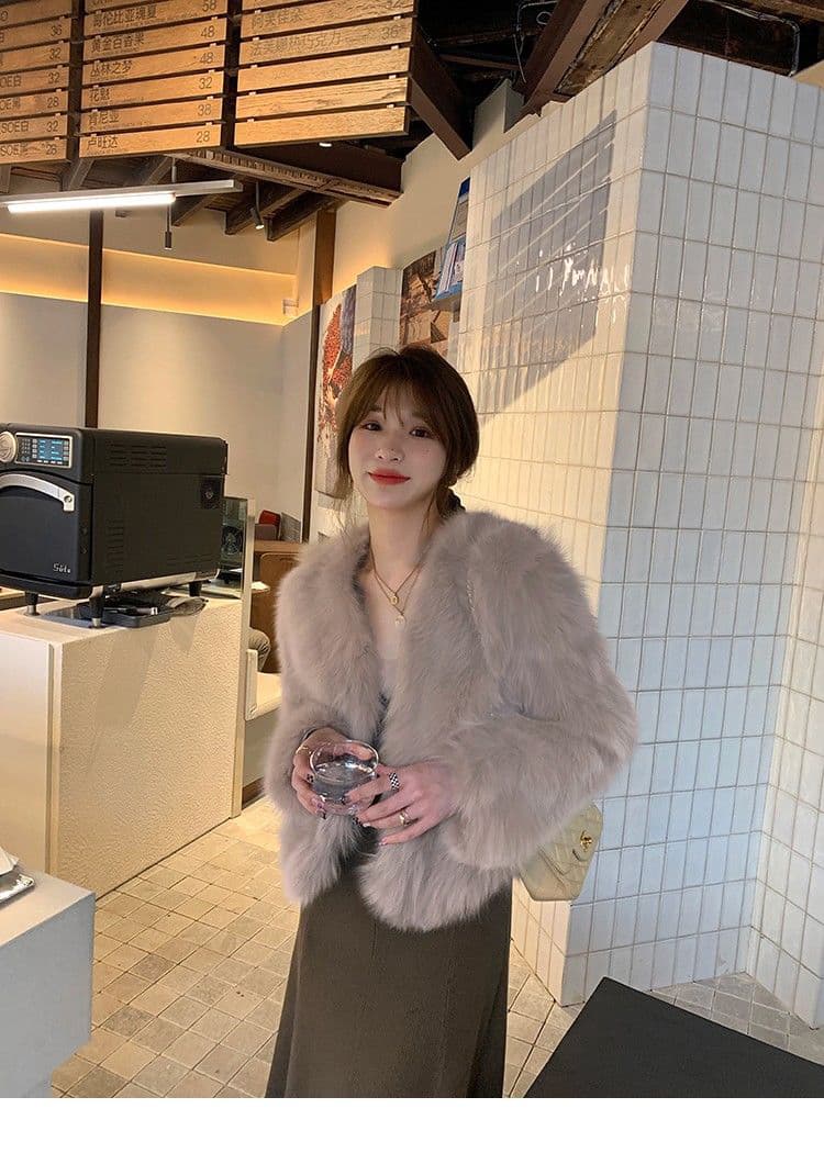 고급 센스 회색 검정색 색상 시스템 슬림해 보이는 환경 보호 여우털 코트 겨울 두꺼운 모피 보온 라운드 넥 모피 여성 코트 상세 이미지 35