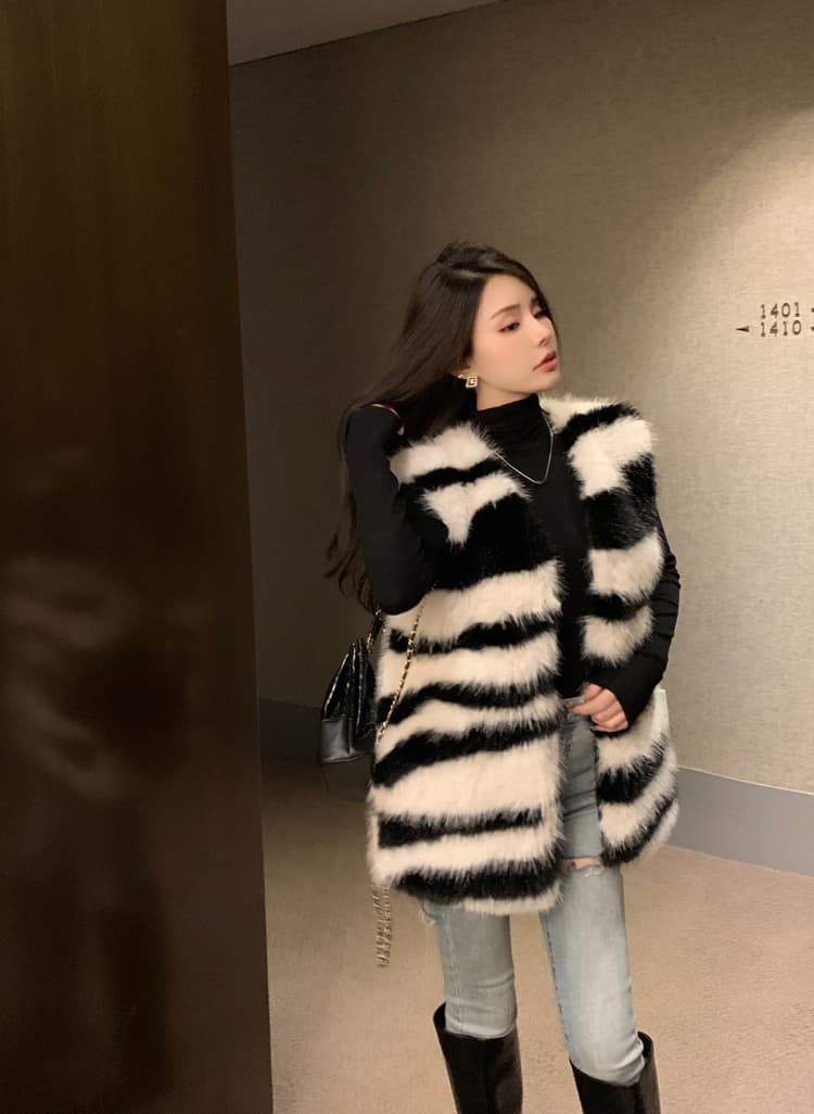 환경 보호 얼룩말 곡물 모피 레트로 모피 여성 코트 가을 겨울 새로운 품격 루즈핏 고급 센스 오픈 가디건 베스트 상세 이미지 4