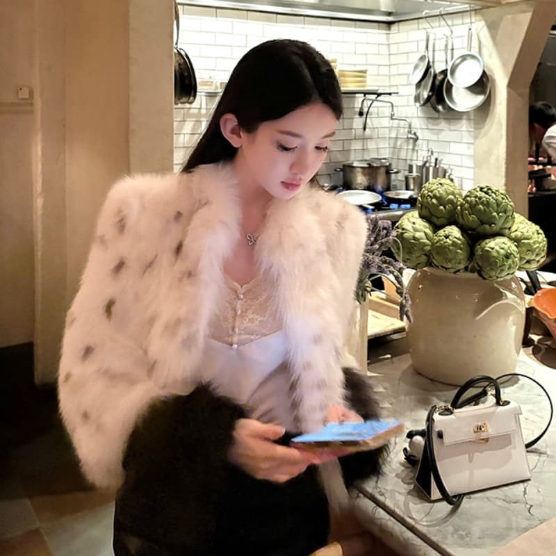 실사 한국 스타일 환경 보호 모피 폴로 칼라 모방 여우털 무거운 작업 레오파드 무늬 모피 재킷 새로운 여성 모피 영 섹션 이미지 4