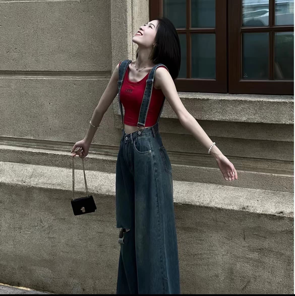 여름 새로운 다용도 나만의 것을 가져와 라. 가슴 패드 작은 조끼 레트로 찢어진 부분 얇은 스타일 데님 멜빵 바지 세트 상세 이미지 14