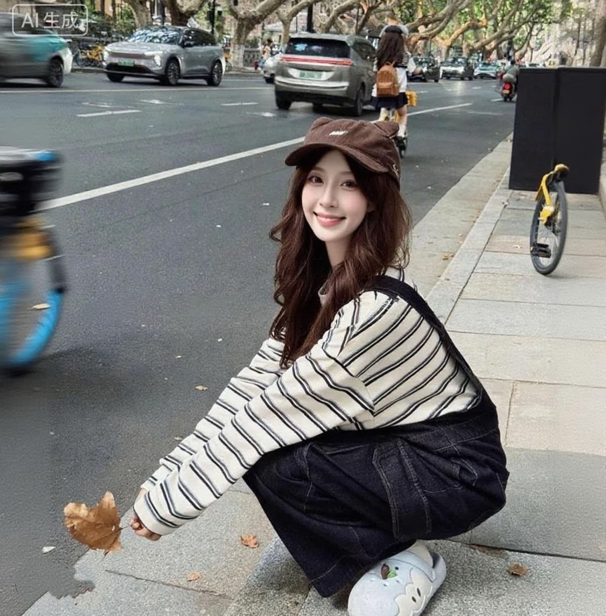 새로운 슬림해 보이는 멜빵 바지 바나나 바지 스트라이프 후드티 세트 이미지 2