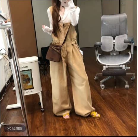 새로운 멜빵 바지 무거운 작업 더러운 염색 워싱 캐주얼 아메리칸 워크웨어 와이드 레그 팬츠 화이트 니트 맨위 세트 여성 이미지 2