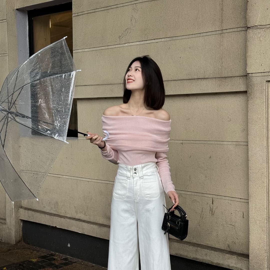 새로운 오프숄더 오프숄더 디자인 센스 맨위 하이웨이스트 슬림해 보이는 데님 와이드 레그 팬츠 세트 상세 이미지 42