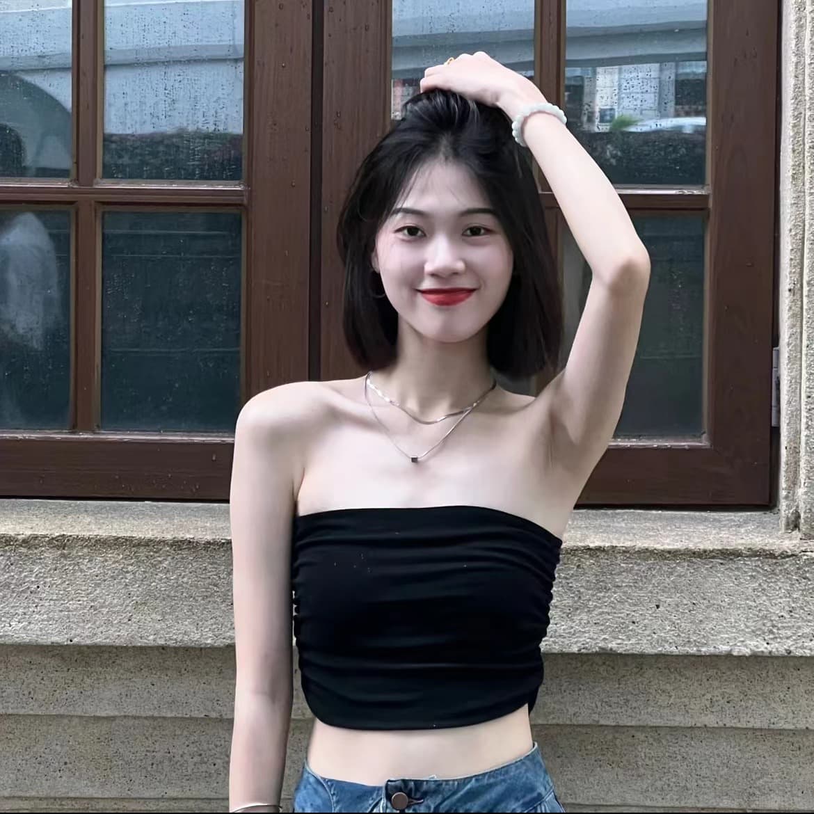 여름 새로운 레트로 항구 바람 싱글 어깨끈 하이웨이스트 데님 와이드 레그 팬츠 섹시함 주름 튜브탑 맨위 세트 여성 이미지 3