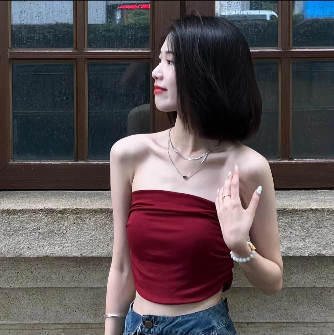 여름 새로운 레트로 항구 바람 싱글 어깨끈 하이웨이스트 데님 와이드 레그 팬츠 섹시함 주름 튜브탑 맨위 세트 여성 상세 이미지 3
