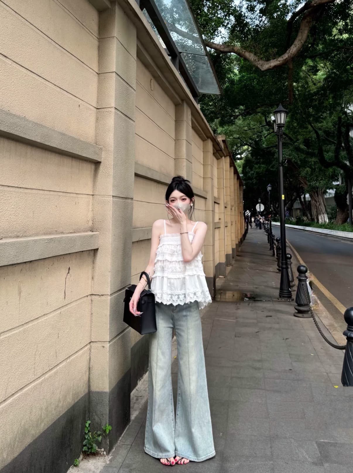새로운 한 부서 무거운 작업 레이스 조각 슬립 작은 셔츠 하이 웨이스트 청바지 슬림해 보이는 다용도 바닥 청소 바지 세트 이미지 2