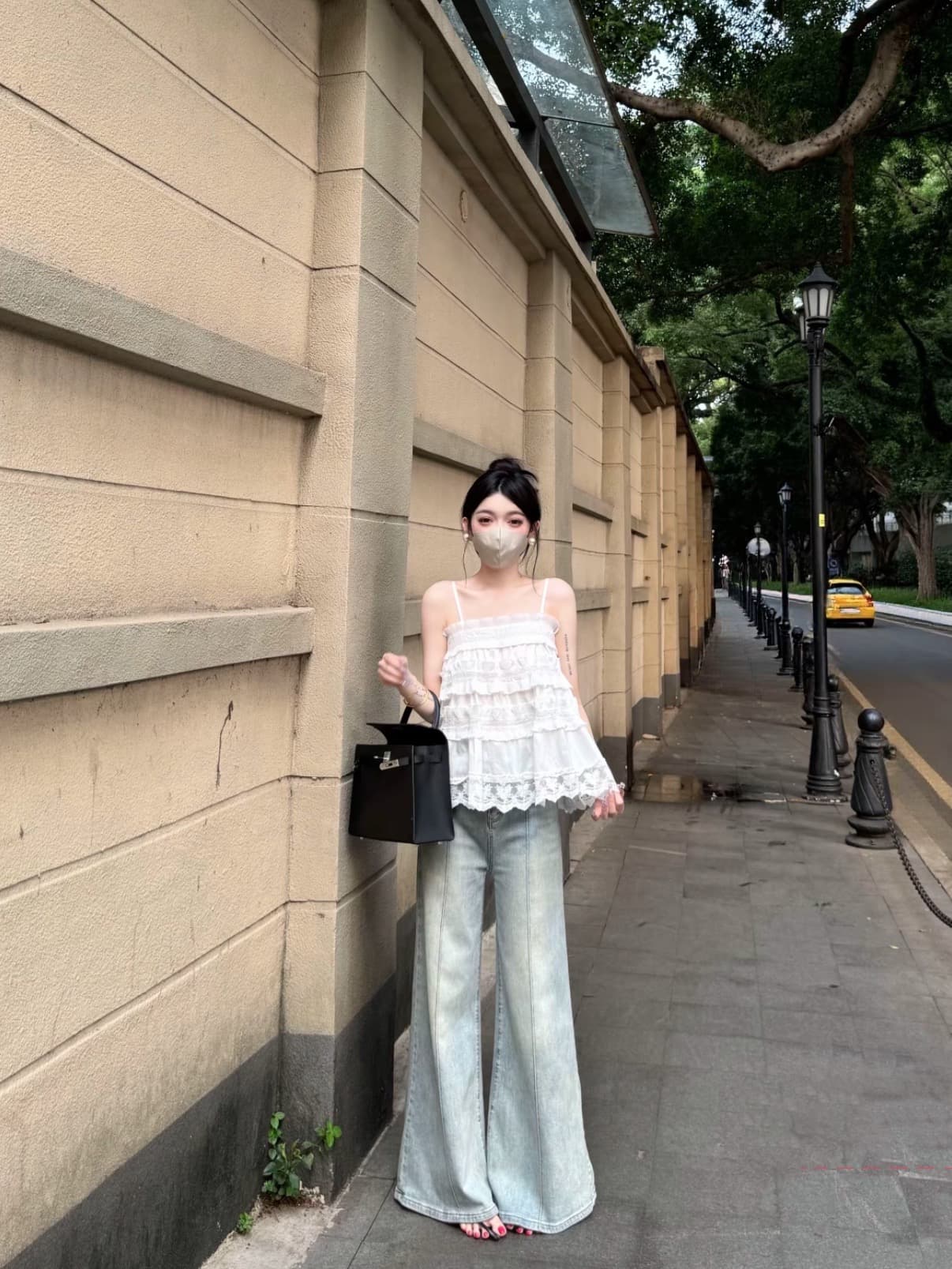 새로운 한 부서 무거운 작업 레이스 조각 슬립 작은 셔츠 하이 웨이스트 청바지 슬림해 보이는 다용도 바닥 청소 바지 세트 상세 이미지 2