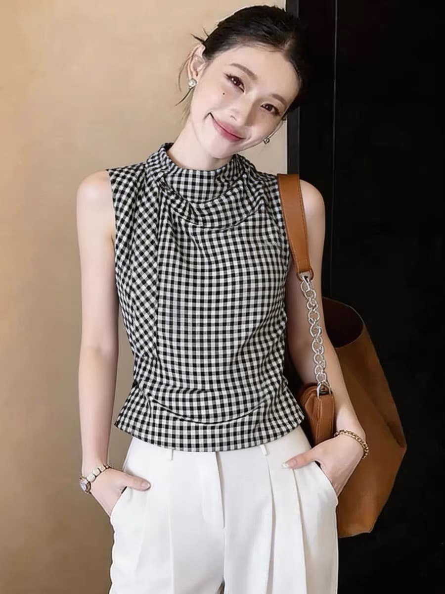 슈퍼 잘 생긴 체크무늬 스탠드 칼라 민소매 셔츠 여자 2026 새로운 여름 고급 센스 프랑스식 사소한 Chic 맨위 상세 이미지 3