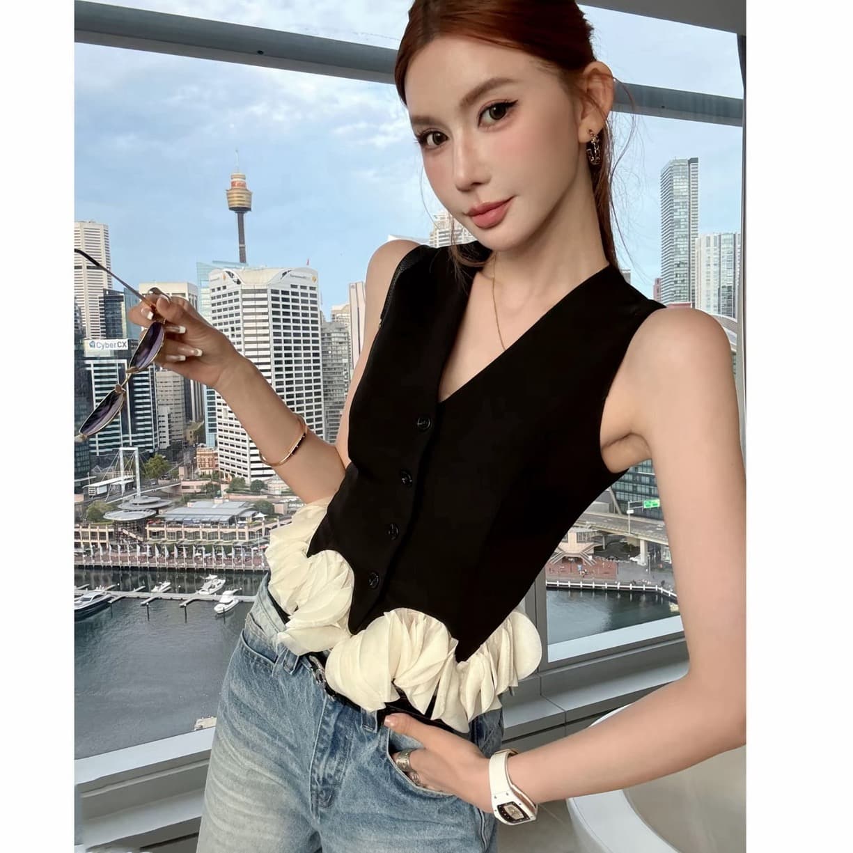 새로운 부드럽게 6 월 y 발레 오래된 돈 여름 작은 대중 디자인 센스 불규칙 레이스 민소매 맨위 상세 이미지 3