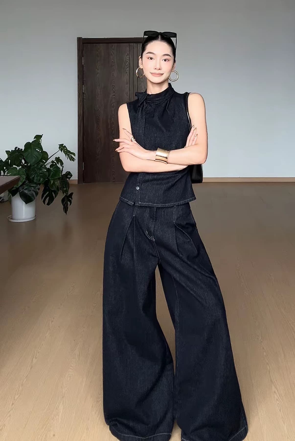 새로운 레트로 높음 거리 주머니 플리츠 원본 암소 고급 센스 넓은 다리 청바지 이미지 3