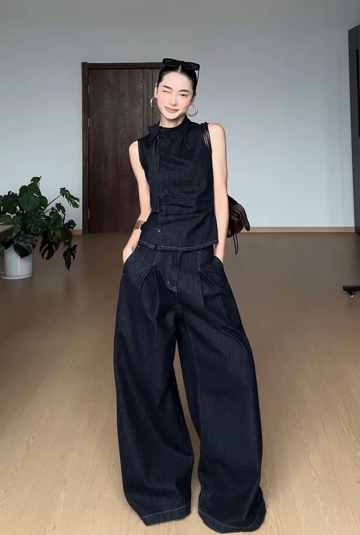 새로운 레트로 높음 거리 주머니 플리츠 원본 암소 고급 센스 넓은 다리 청바지 상세 이미지 3