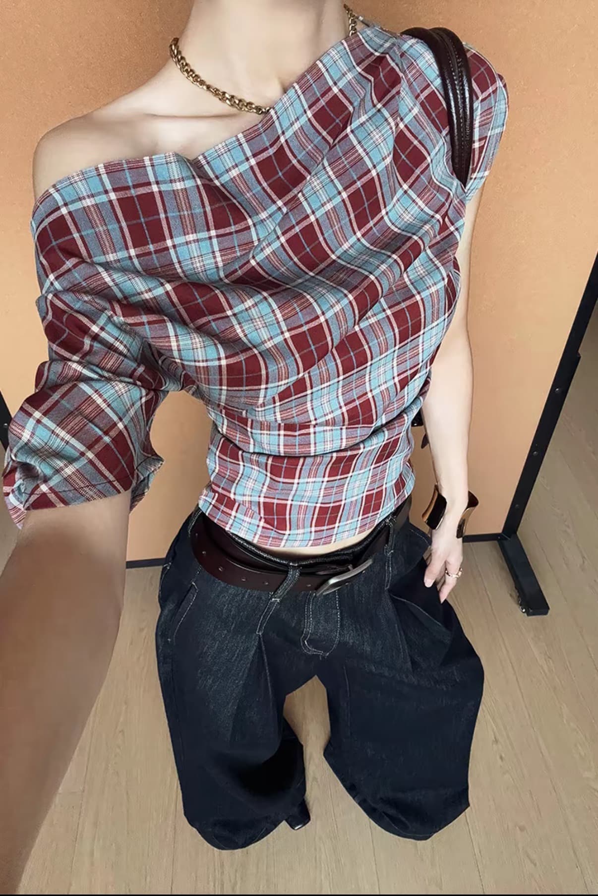 새로운 체크무늬 비스듬한 자르다 아메리칸 레트로 슬림해 보이는 반팔 비스듬한 어깨 의류 고급 센스 넓은 다리 청바지 세트 상세 이미지 5