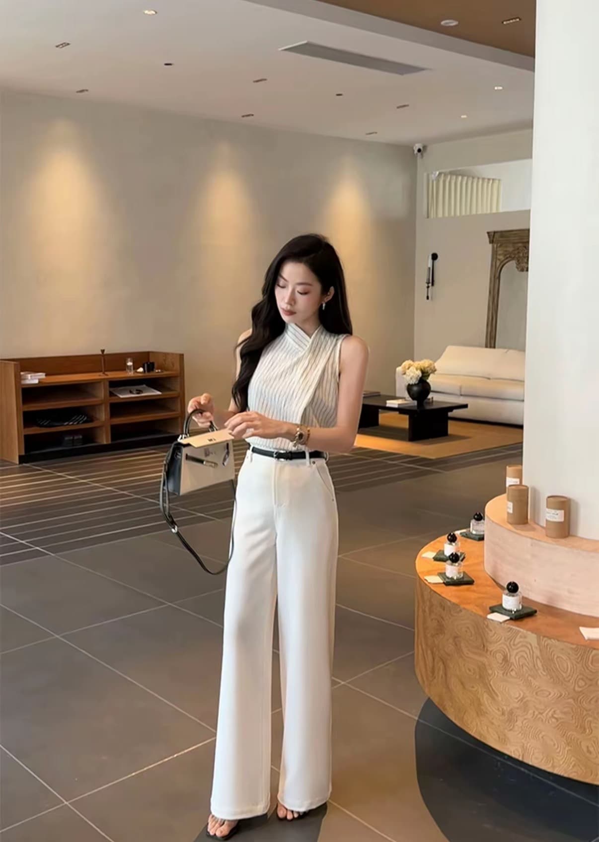 새로운 프랑스식 스트라이프 슬림해 보이는 불규칙 칼라 디자인 센스 셔츠 넓은 다리 국방 데님 고급 캐주얼 바지 세트