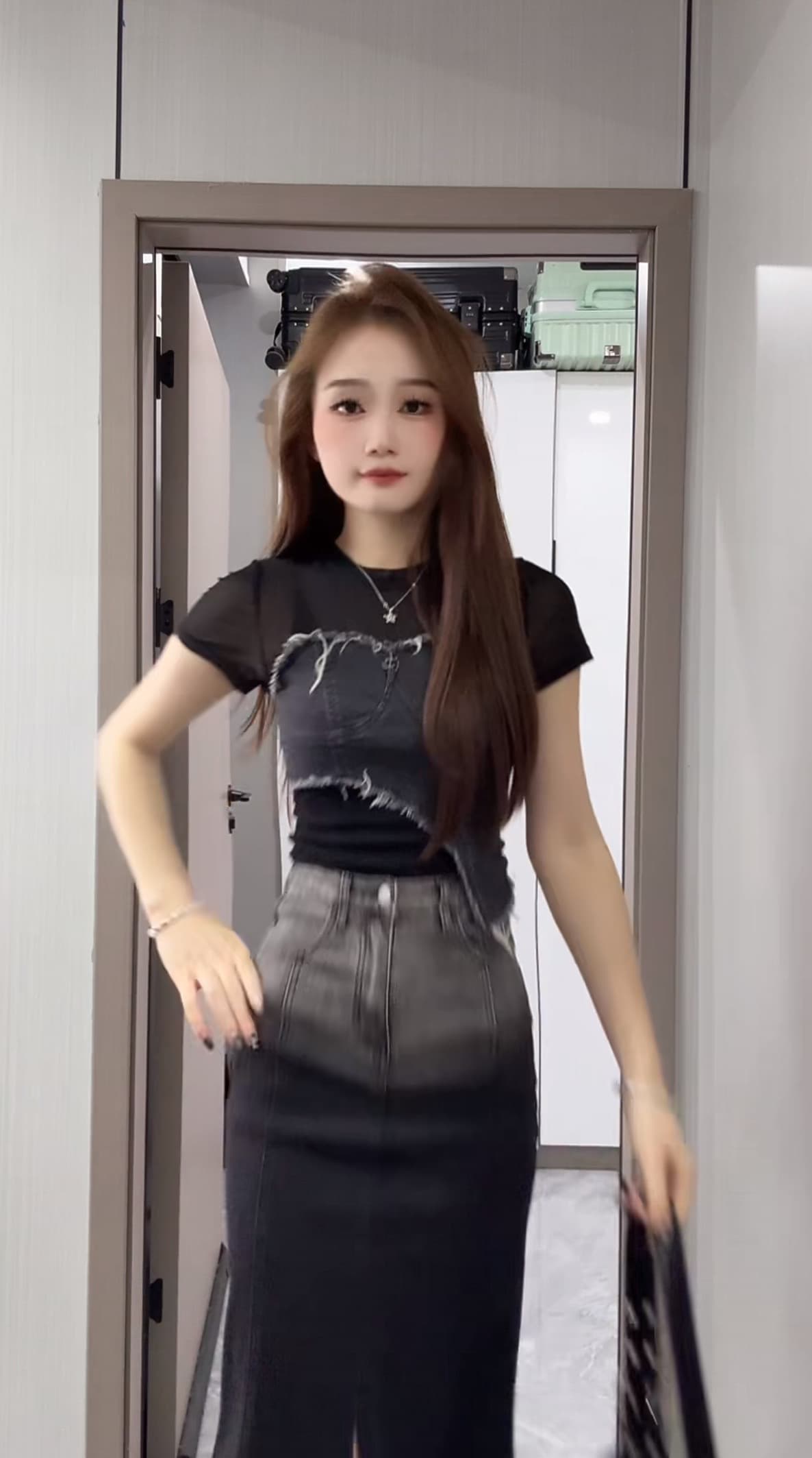 새로운 데님 패치워크 마이크로 ~을 통해 디자인 센스 불규칙 맨위 그라데이션 색상 데님 인어 꼬리 스커트 타이트 스커트 치마 세트