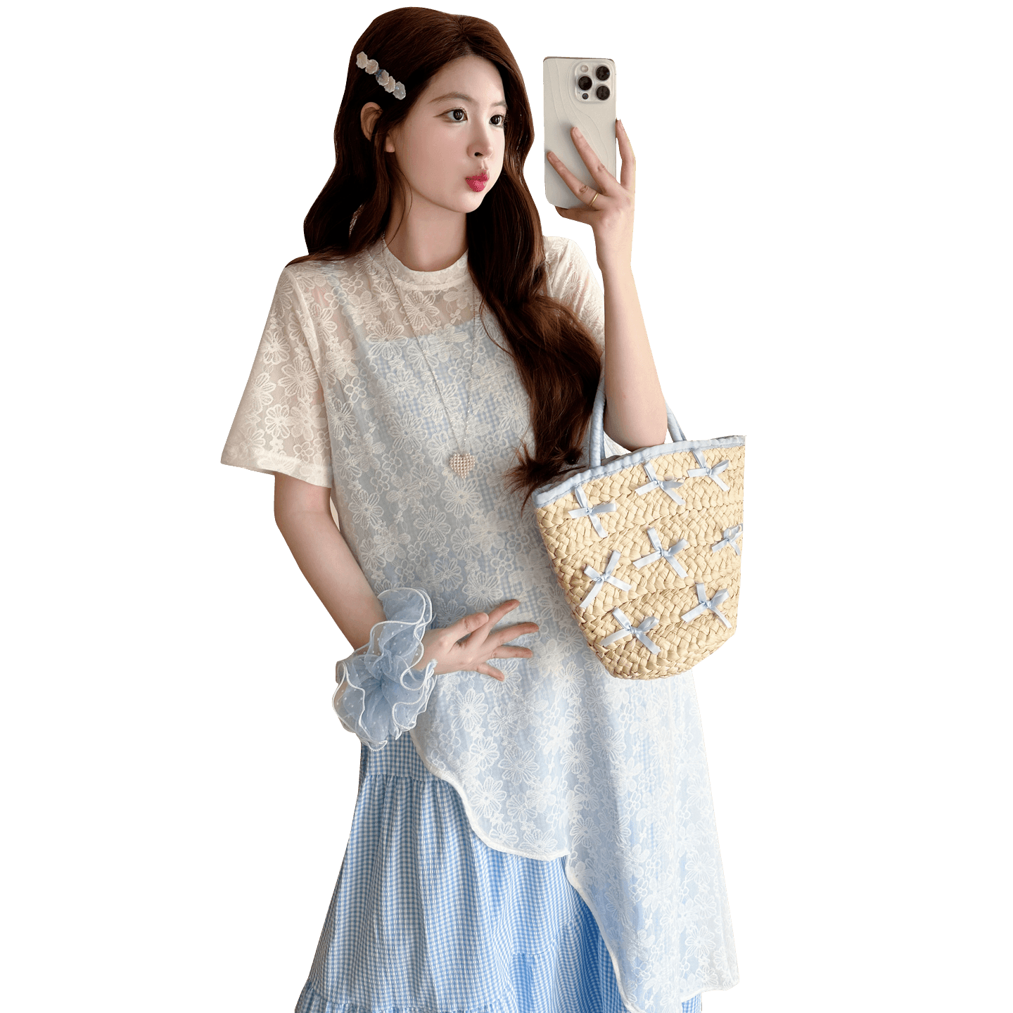 실사 지금 지금 2026 한 부서 부드러운 바람 임산부 여름 드레스 투피스 세트 불규칙 레이스 블라우스 블루 체크 스커트 이미지 6