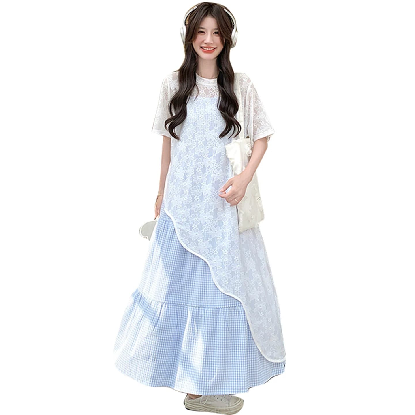 질량 지금 지금 2026 여름 섹션 출산 착용 레이스 블라우스 블루 체크무늬 슬립 드레스 투피스 세트 품격 부드러운 이미지 5