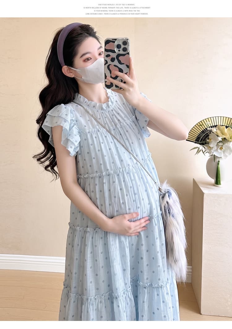진짜 한 부서 달콤함 도트 무늬 임산부 여름 얇은 스타일 통기성 빅 플레어 스커트 임신 아침 정오 밤 출산 후 웨어러블 드레스 상세 이미지 6