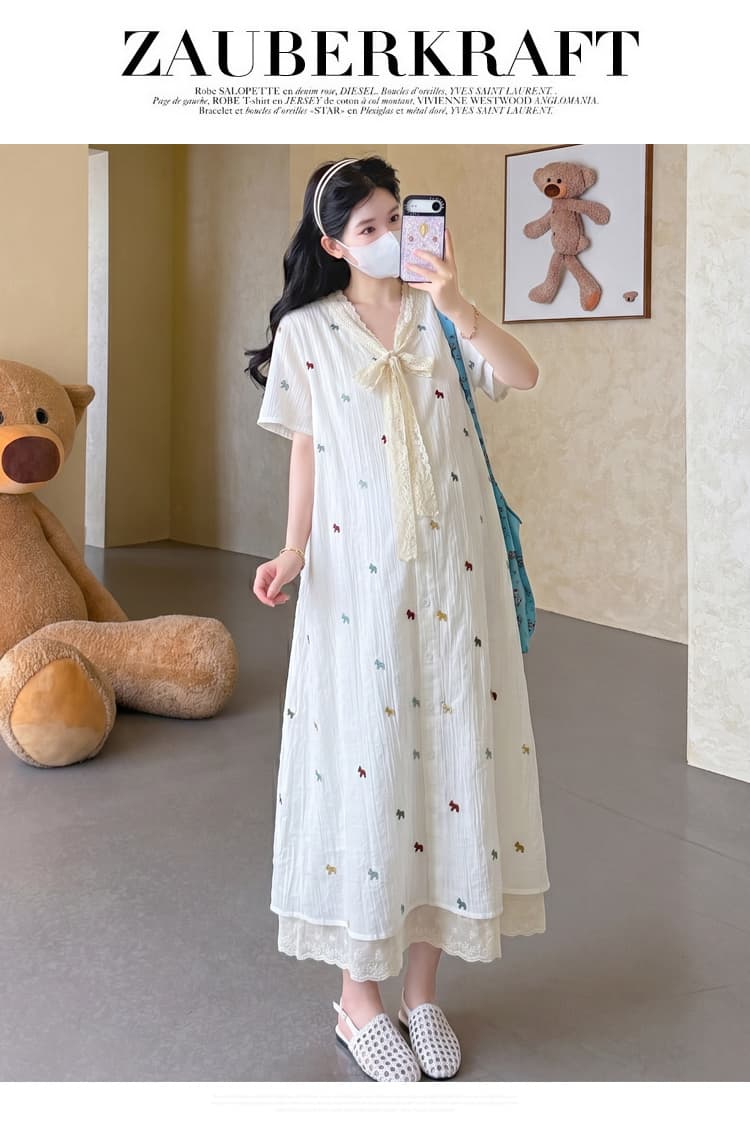 진짜 V넥 레이스 나비 매듭 2026 레이스업 색상 주간 실크 자수 임산부 드레스 롱 코트 루즈핏 무릎 아래 상세 이미지 15