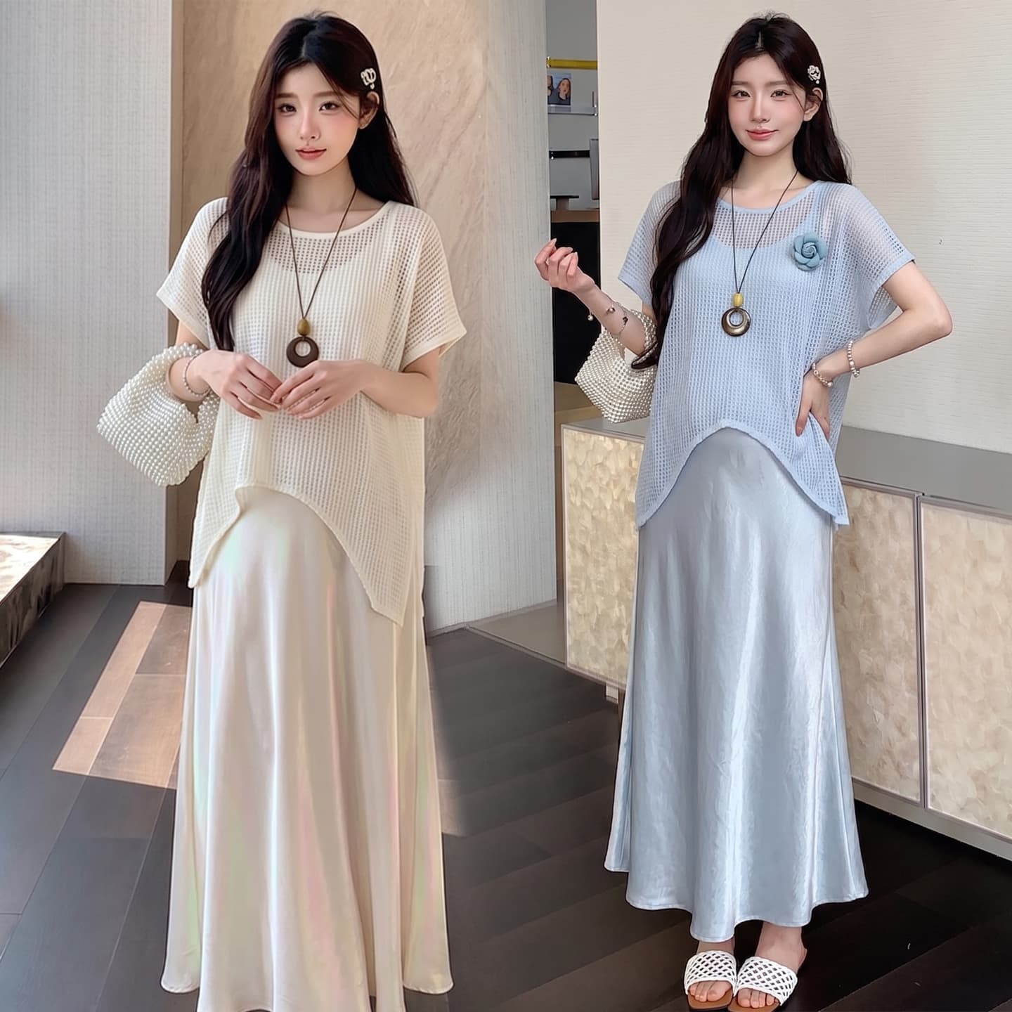 실사 임산부 여름 섹션 투피스 세트 3 차원 장미 홀로우 아웃 반팔 블라우스 아세트산 새틴 슬립 치마 세트 이미지 3
