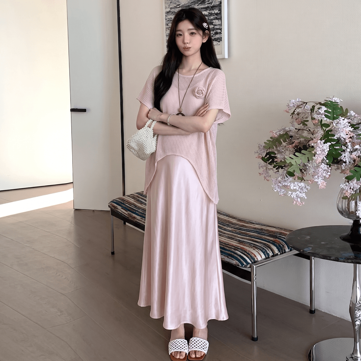 실사 임산부 여름 섹션 투피스 세트 3 차원 장미 홀로우 아웃 반팔 블라우스 아세트산 새틴 슬립 치마 세트 이미지 4