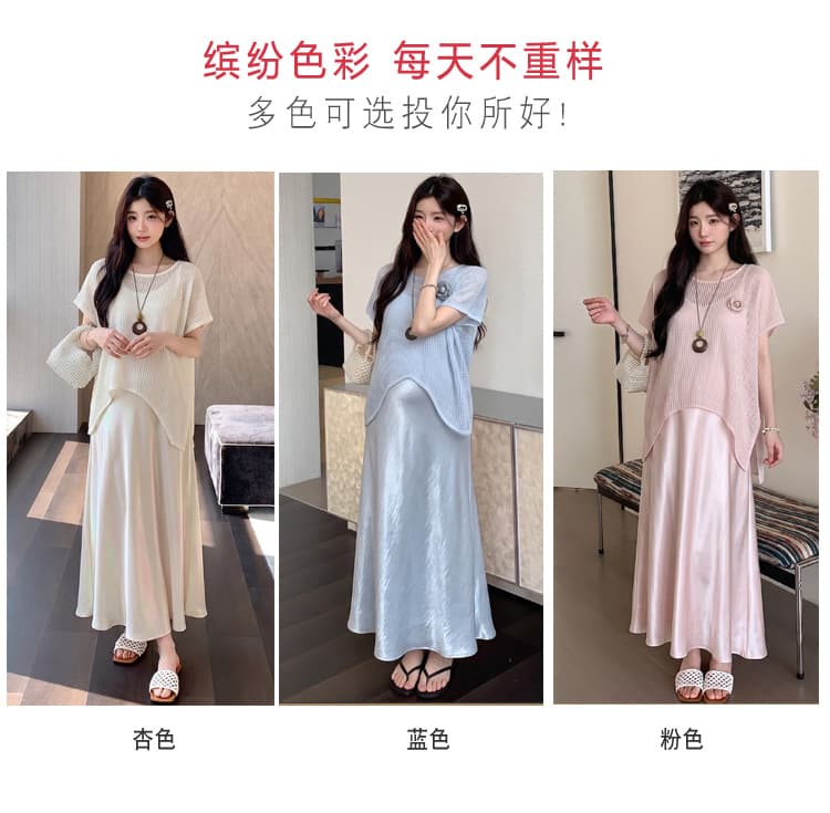 실사 임산부 여름 섹션 투피스 세트 3 차원 장미 홀로우 아웃 반팔 블라우스 아세트산 새틴 슬립 치마 세트 상세 이미지 5