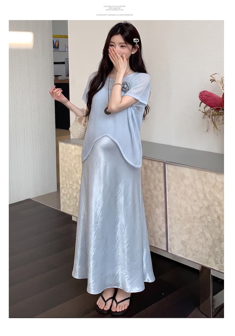 실사 임산부 여름 섹션 투피스 세트 3 차원 장미 홀로우 아웃 반팔 블라우스 아세트산 새틴 슬립 치마 세트 상세 이미지 18