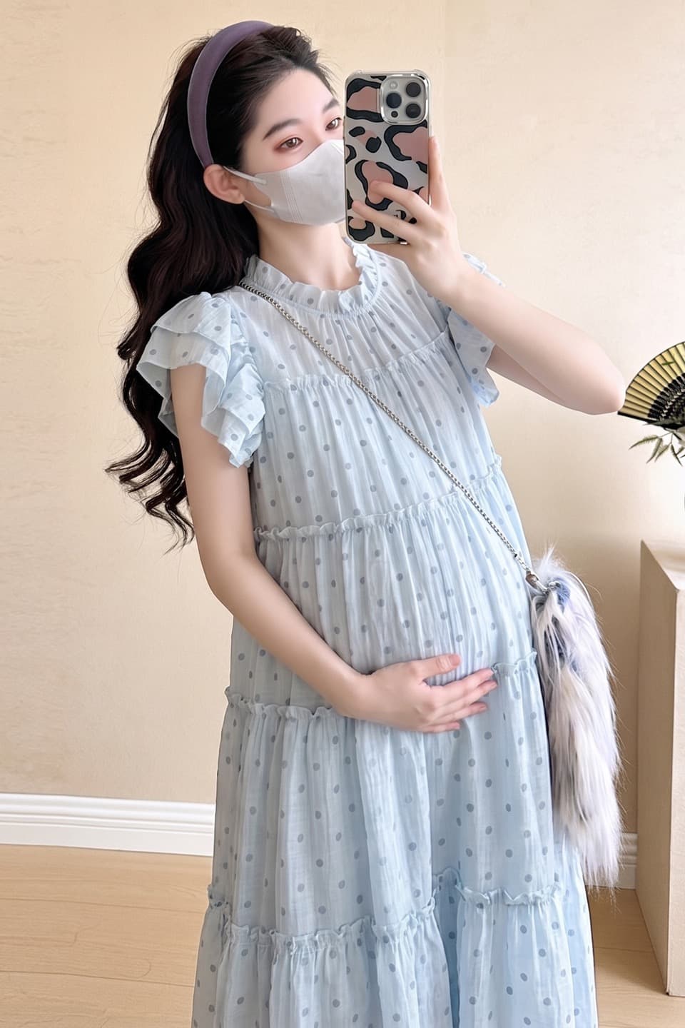 진짜 한 부서 달콤함 도트 무늬 임산부 여름 얇은 스타일 통기성 빅 플레어 스커트 임신 아침 정오 밤 출산 후 웨어러블 드레스 이미지 6