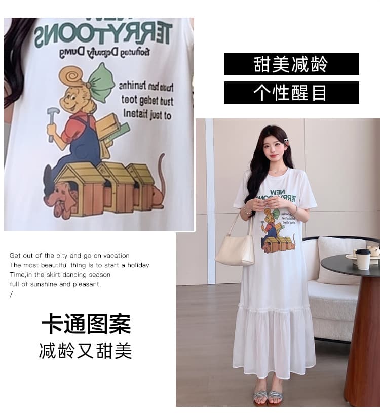 진짜 2026 게으른 만화 임산부 롱 스커트 프린트 티셔츠 패치워크 쉬폰 인어 꼬리 드레스 여름 다용도 상세 이미지 4