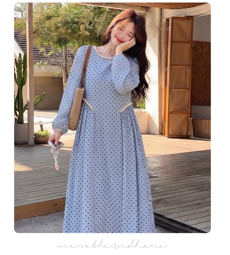 진짜 지금 2026 이른 가을 출산 착용 도트 무늬 워싱 면 린넨 드레스 진주 라운드 넥 긴팔 레트로 부드러운 상세 이미지 14