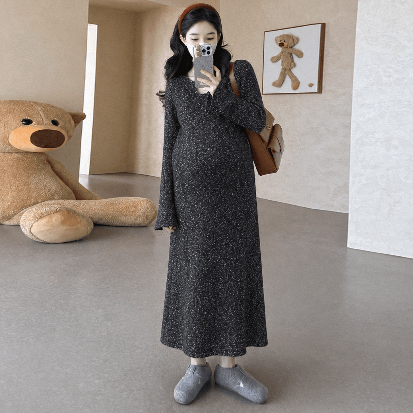 진짜 지금 2026 가을 겨울 잡색 니트 임산부 드레스 V넥 나팔 소매 부드러운 찹쌀 높은 품질 인사이드 가져 가라. 치마 이미지 4