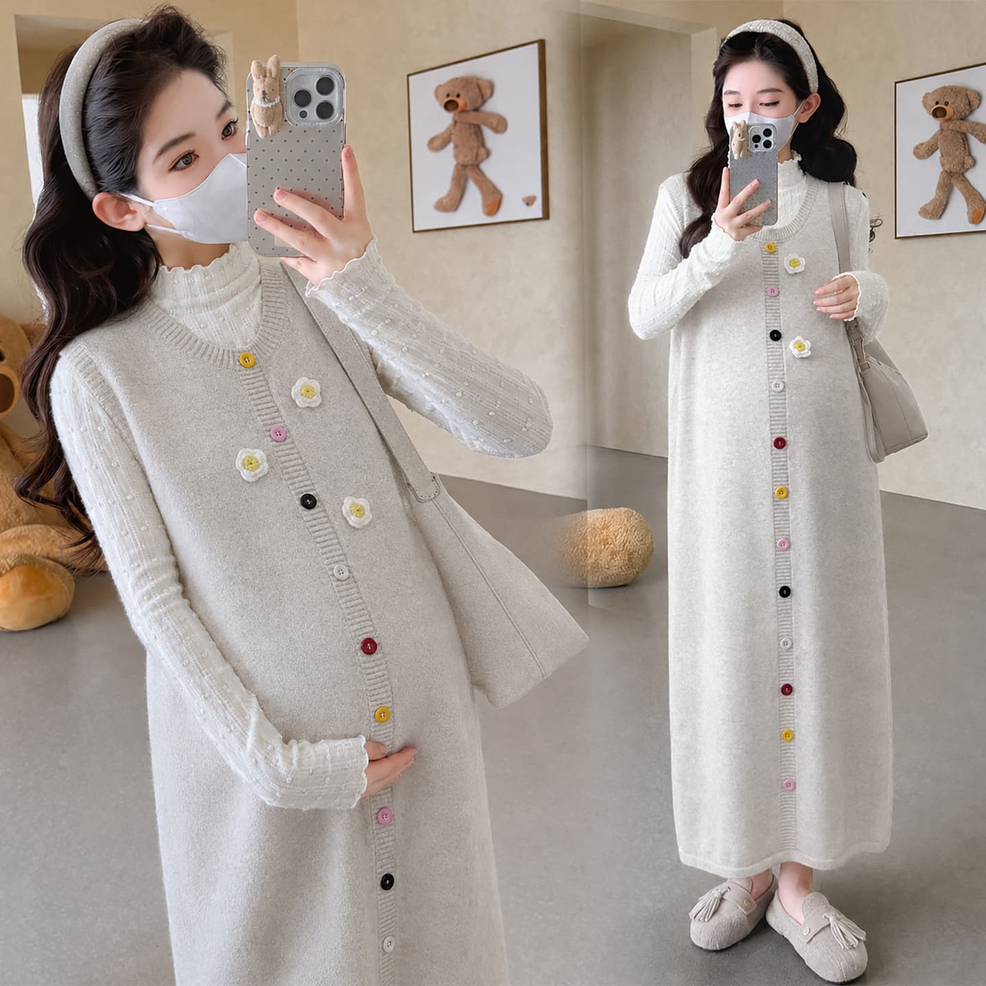 실사 지금 임산부 가을 의상 2026 새로운 3 차원 꽃 배색 단추 니트 조끼 스커트 루즈핏 확실하지 않음 임신 한 이미지 2